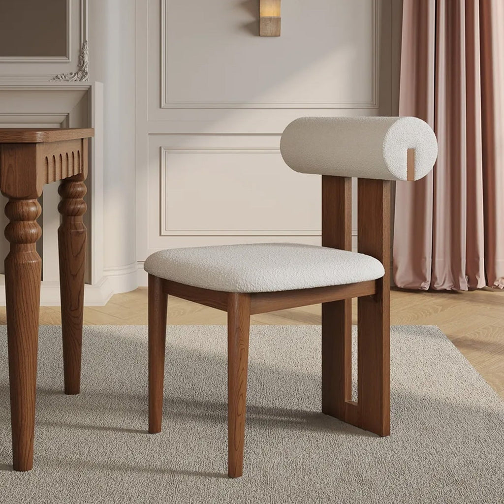Dining chair made of beech wood and boucle fabric - brown and off-white