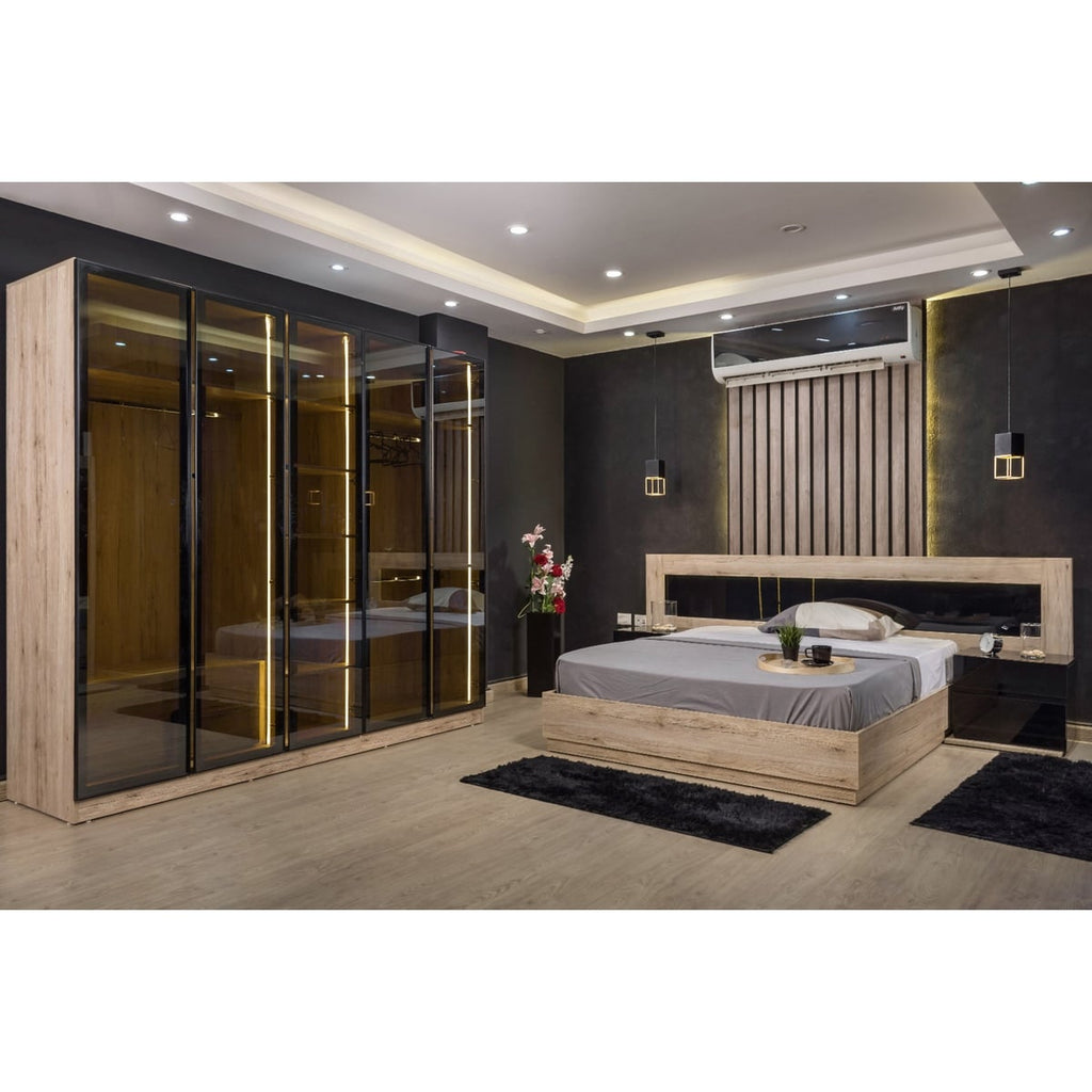 5-piece counter good wood bedroom set - beige and black