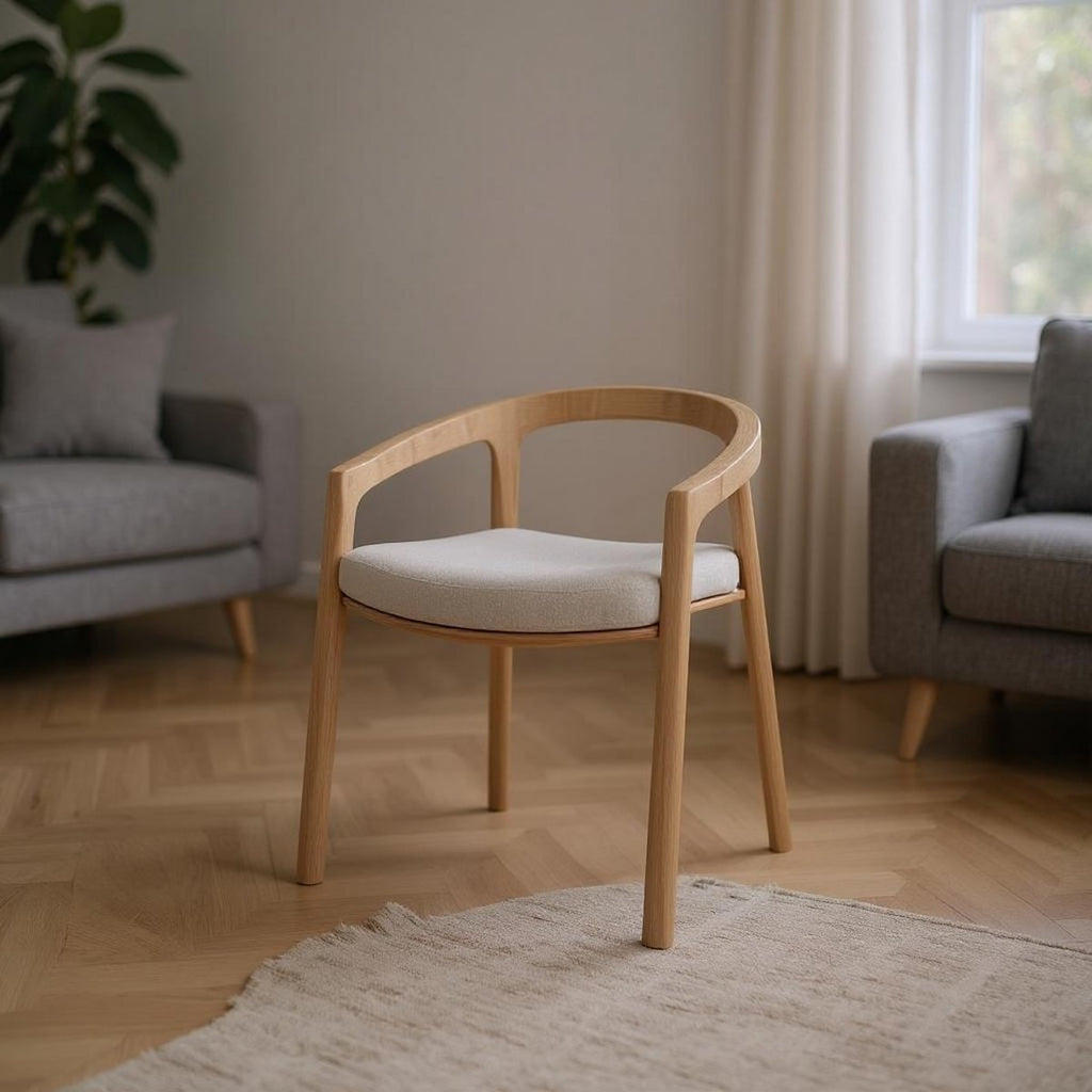Beechwood and linen armchair - beige and white