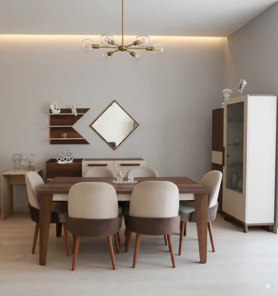 Beech wood and Panda fabric dining room set 7 pieces