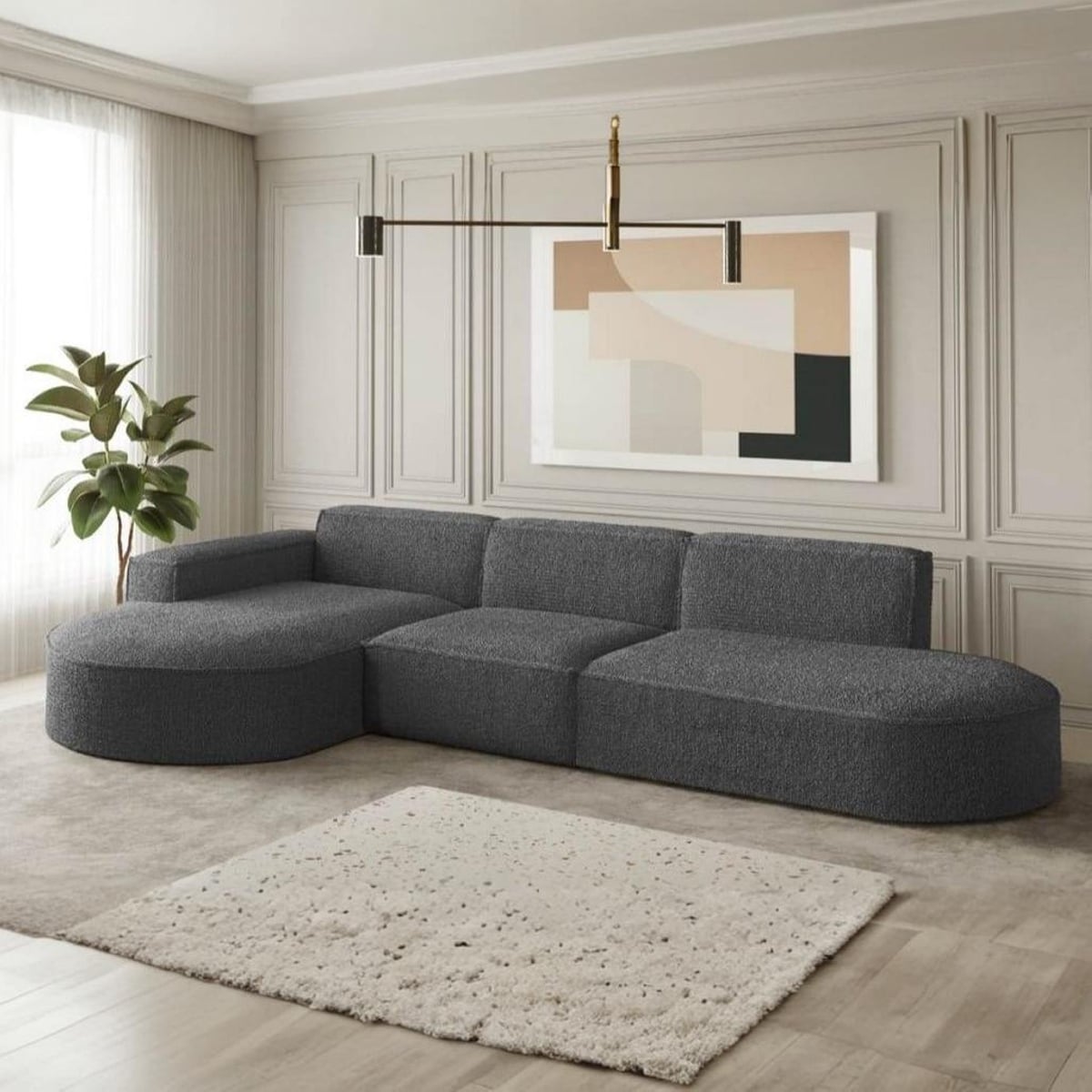 Beech wood and linen L-Shape Sofa - Grey