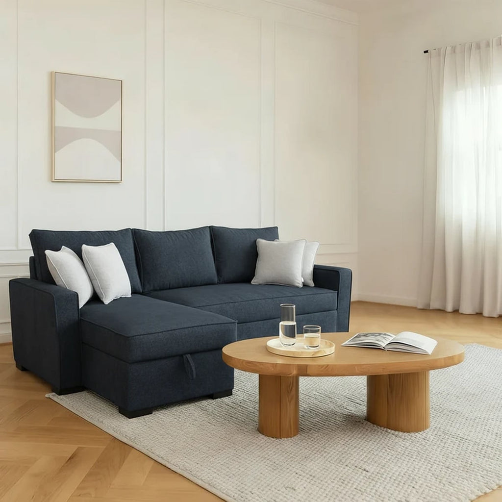 Linen and Beech Wood L Shape Sofa Bed - Grey