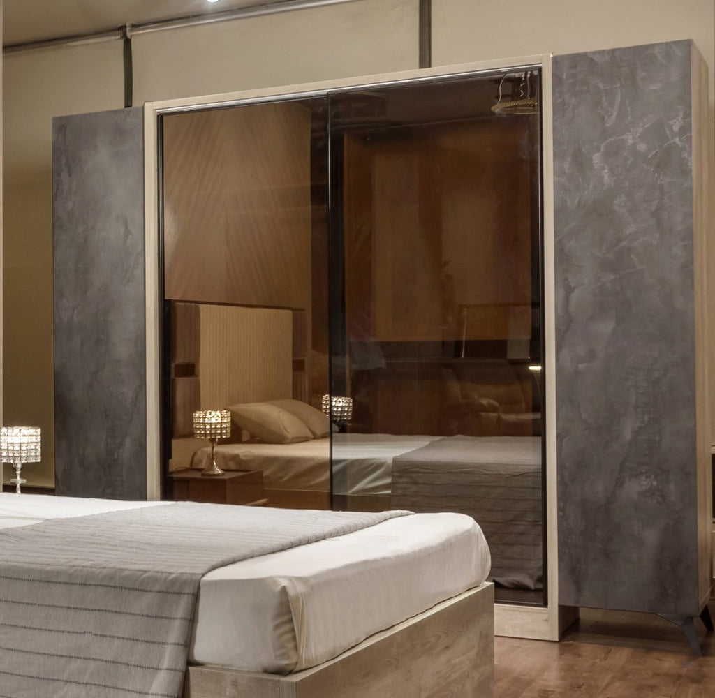 6-piece counter good wood bedroom set - off-white and black