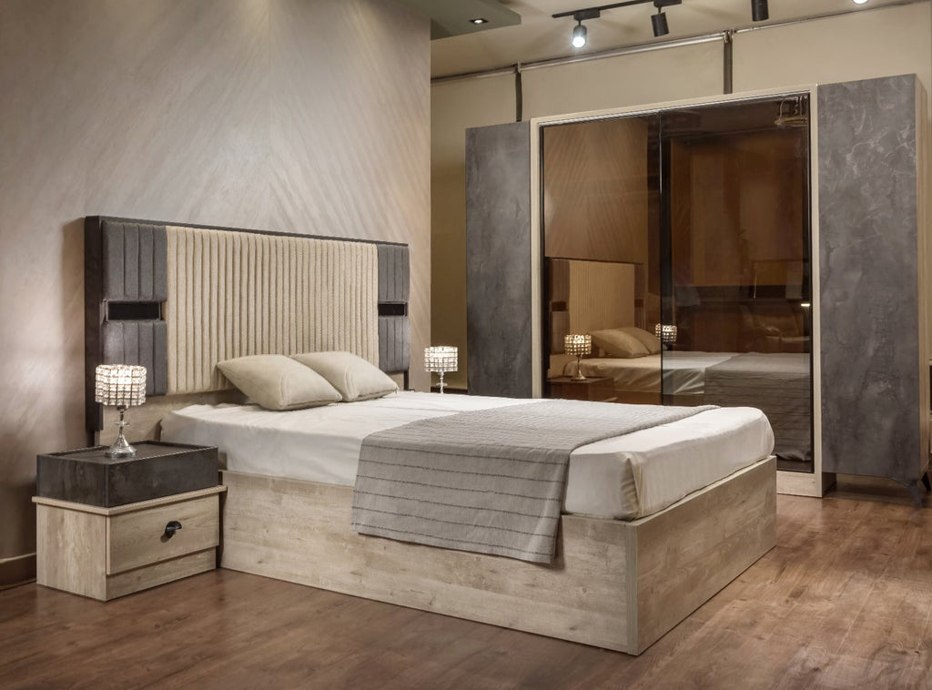 6-piece counter good wood bedroom set - off-white and black