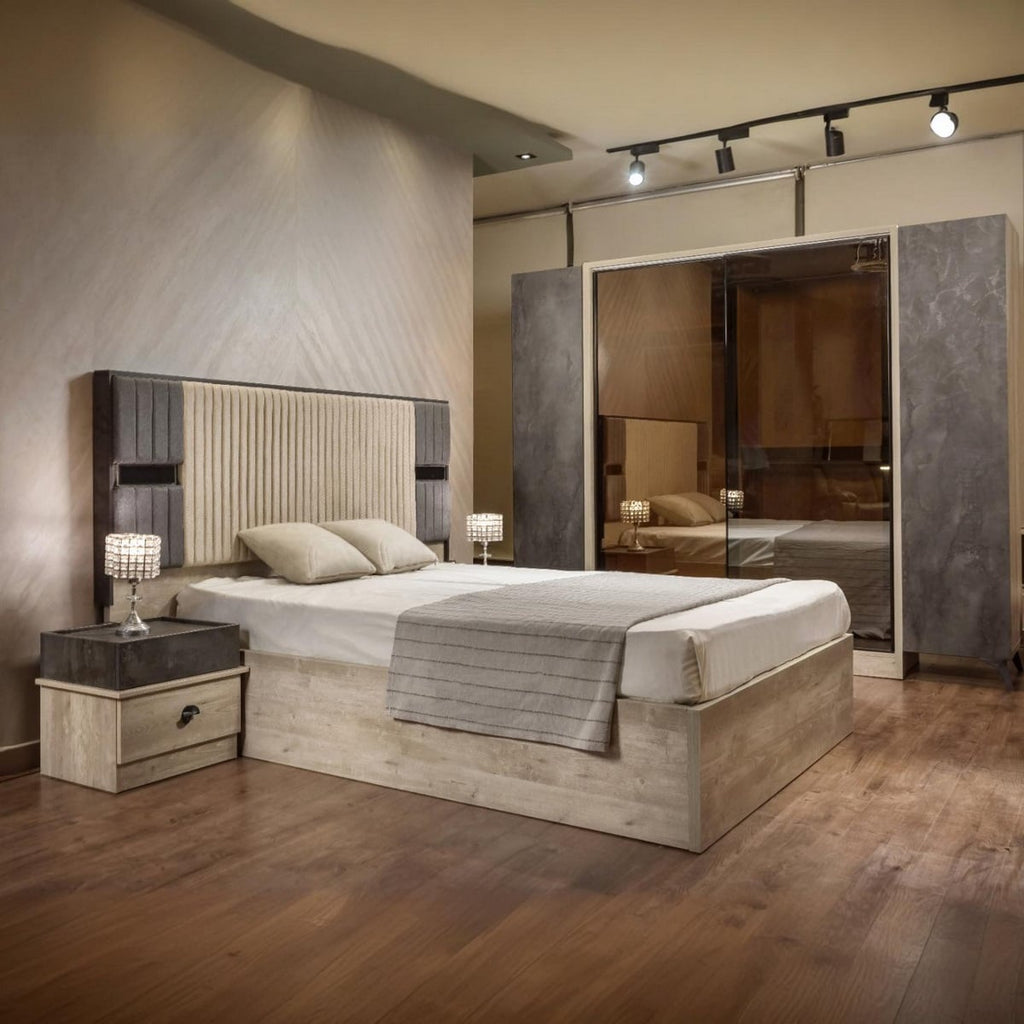 6-piece counter good wood bedroom set - off-white and black