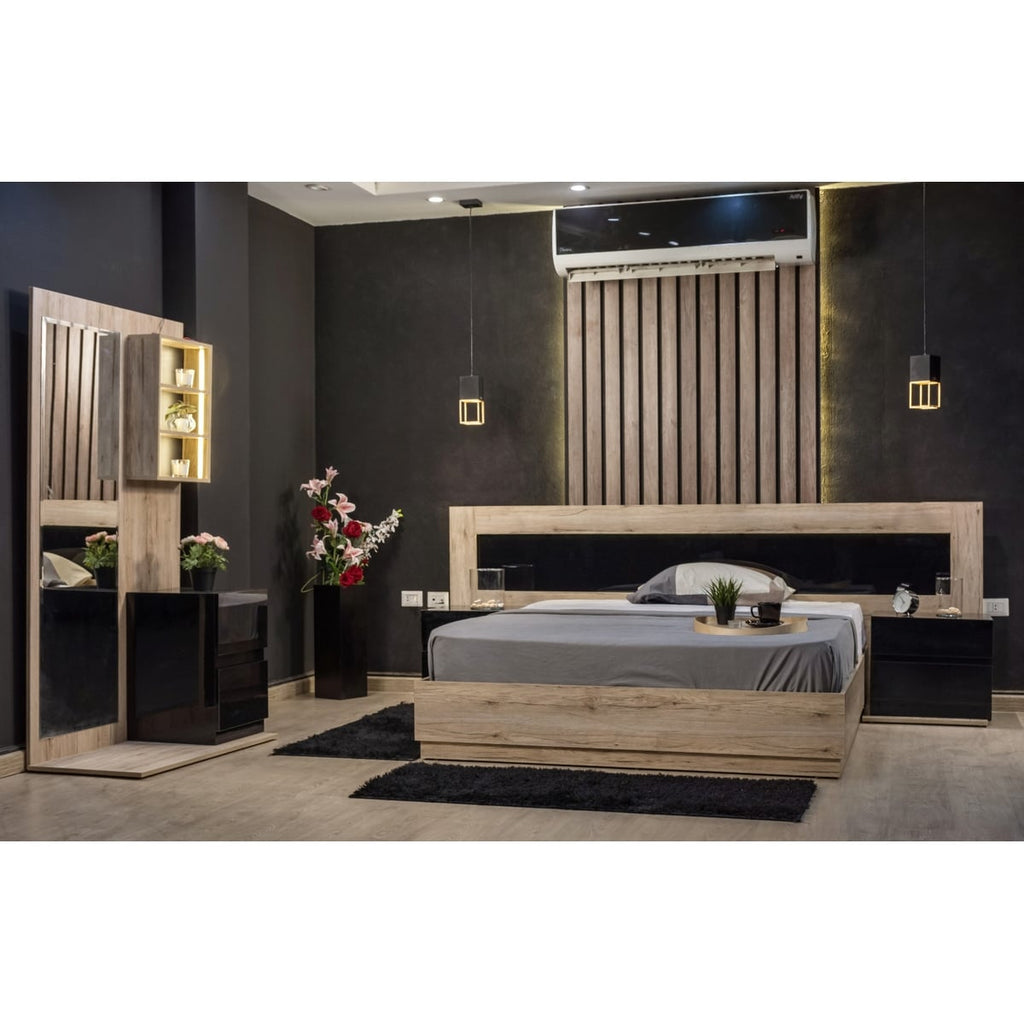 5-piece counter good wood bedroom set - beige and black