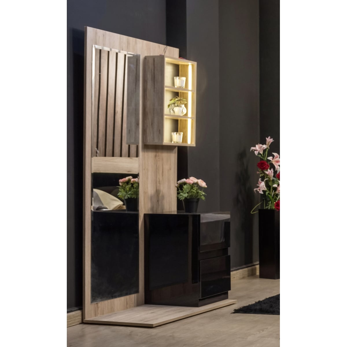 5-piece counter good wood bedroom set - beige and black