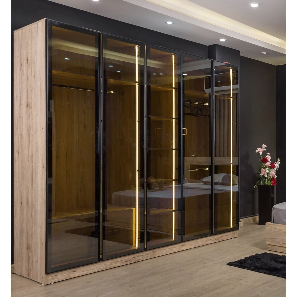 5-piece counter good wood bedroom set - beige and black