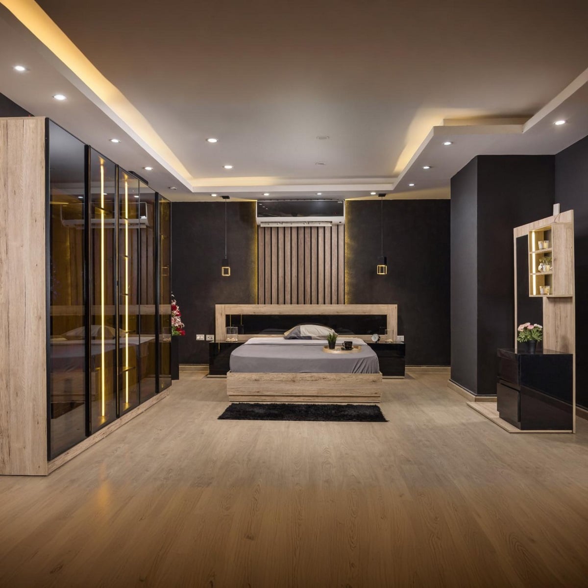 5-piece counter good wood bedroom set - beige and black