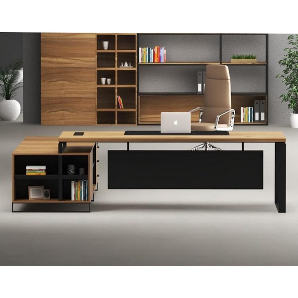 Counter Wooden Desk Beige and Black - 80x220x80 cm