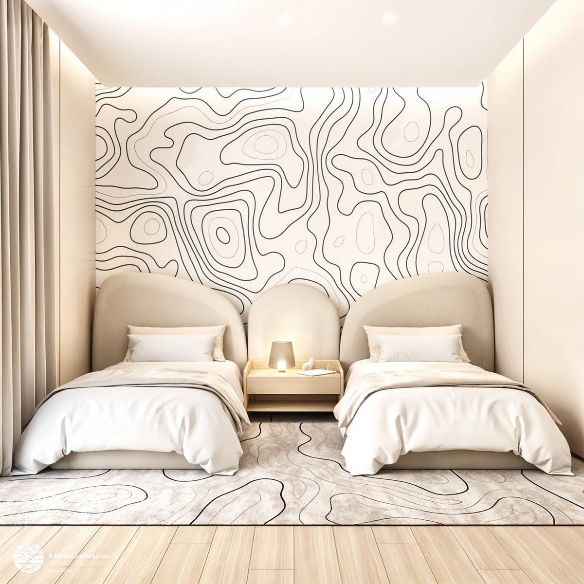 2 Single bed made of Counter Wood, pine, and Hammer Beige velvet - 120x100x200cm