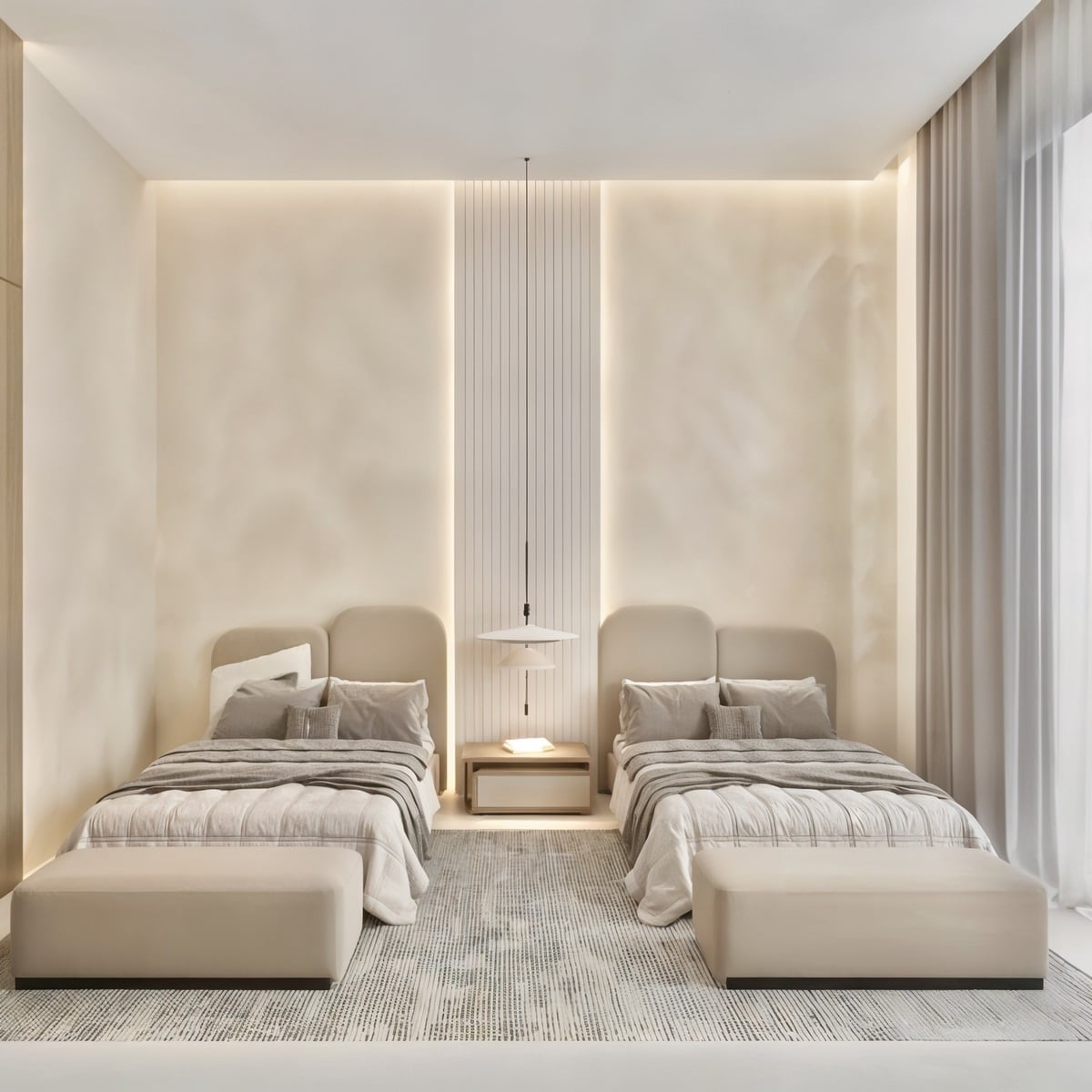 2 single bed made of Counter Wood, pine, and Hammer Beige velvet - 120x120x200cm