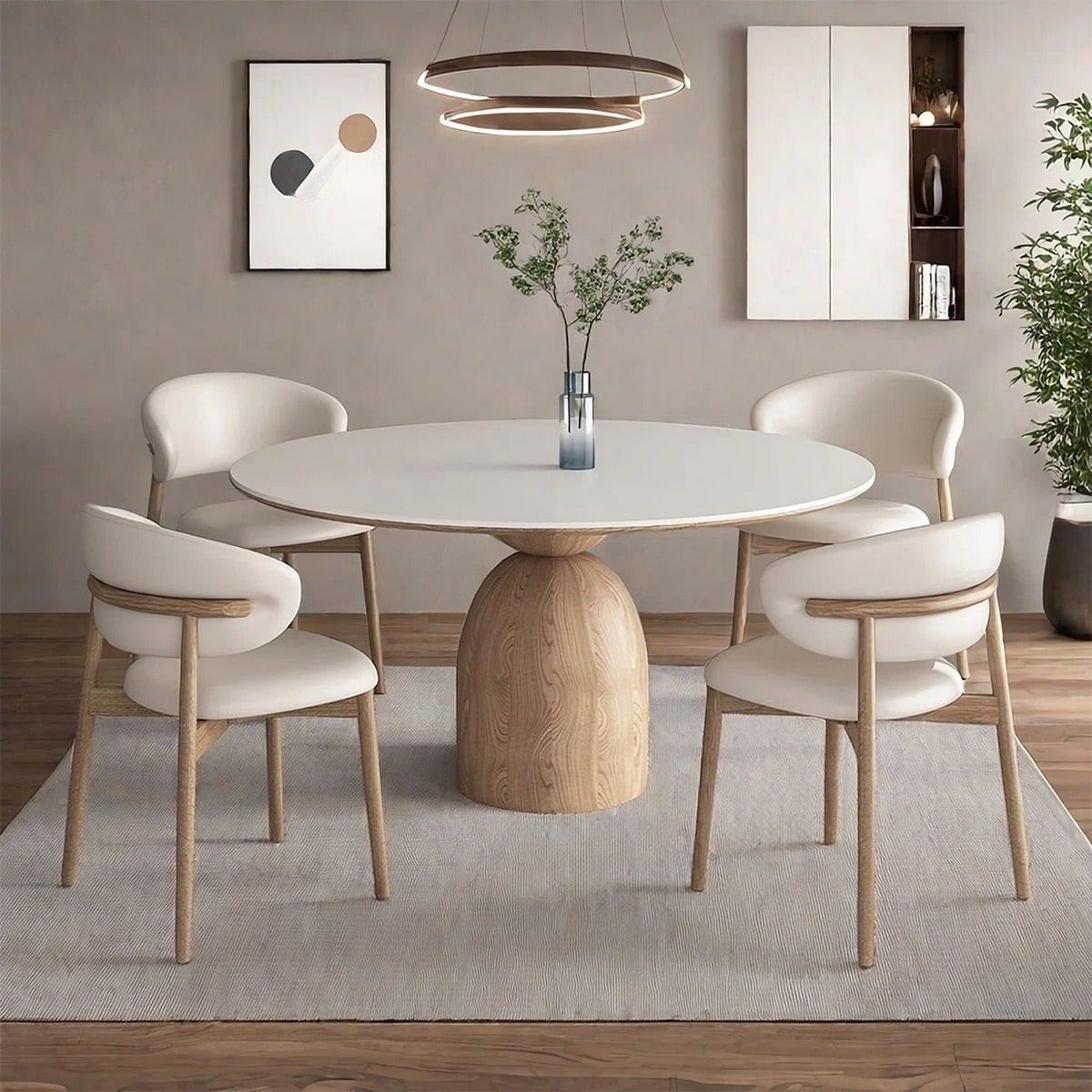 Beech wood and Leather Dining Room 5 pieces - beige and white