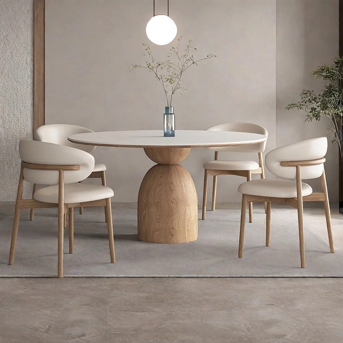 Beech wood and Leather Dining Room 5 pieces - beige and white