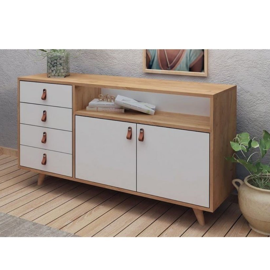 White and beige particleboard buffet - 86×140×40 cm