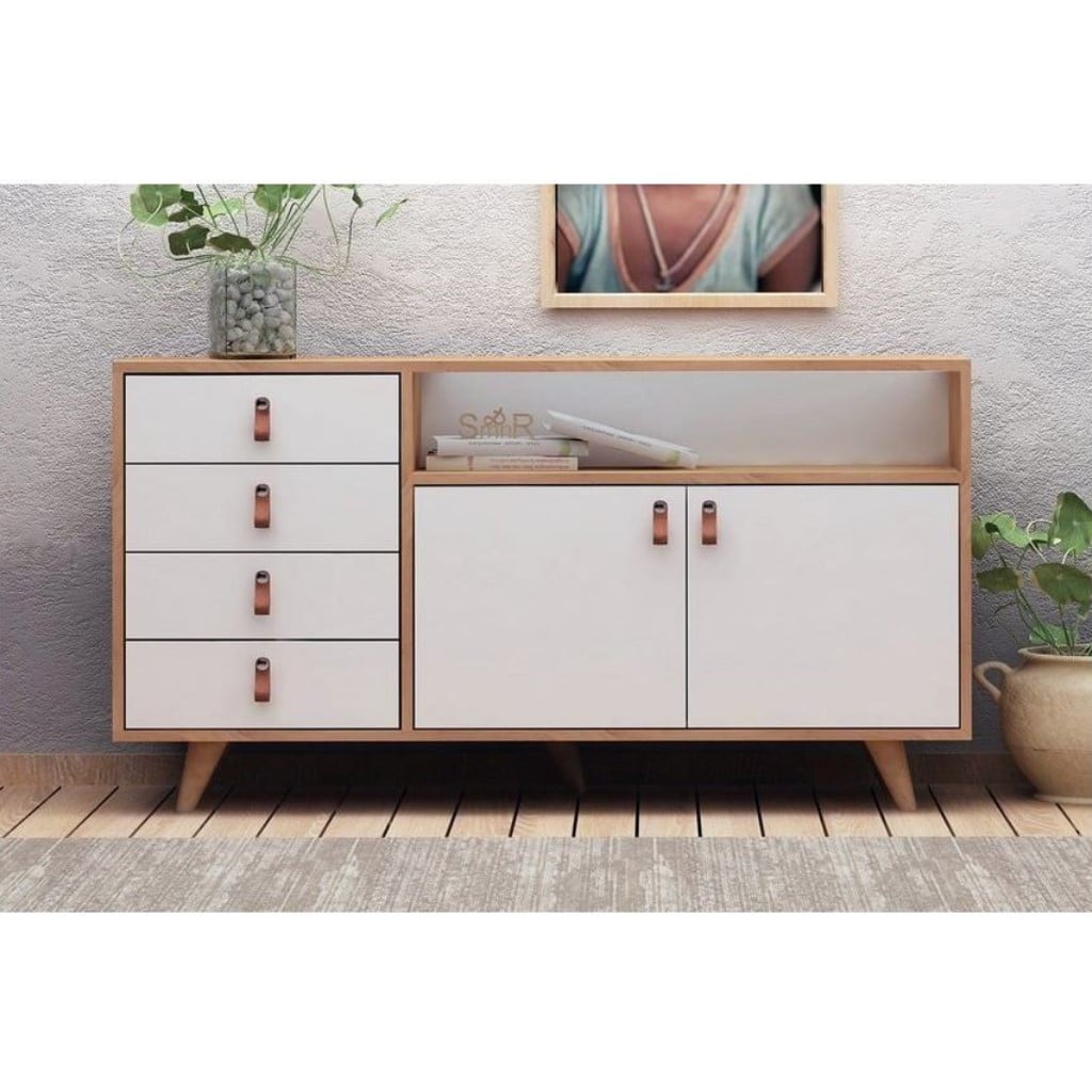White and beige particleboard buffet - 86×140×40 cm