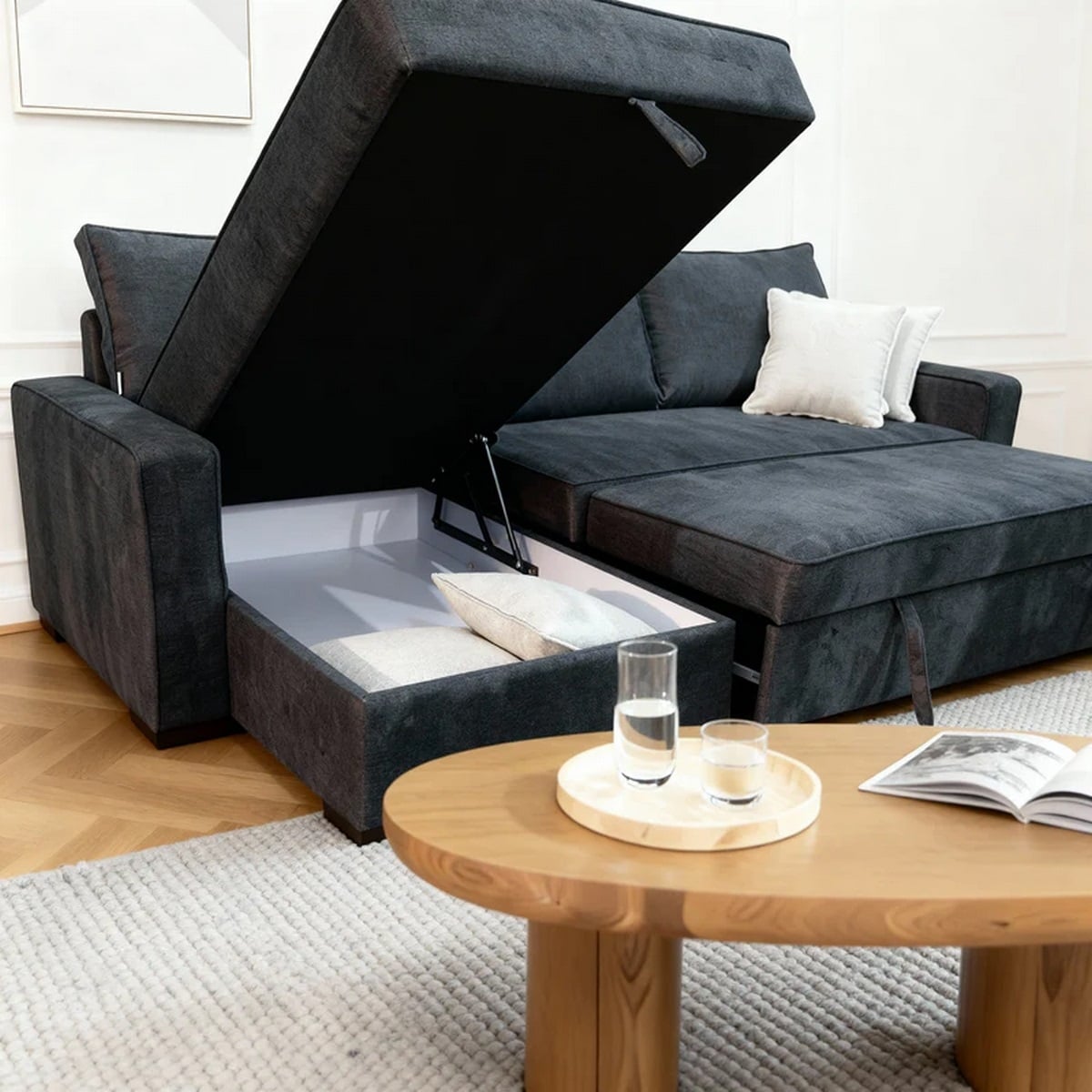 Linen and Beech Wood L Shape Sofa Bed - Grey