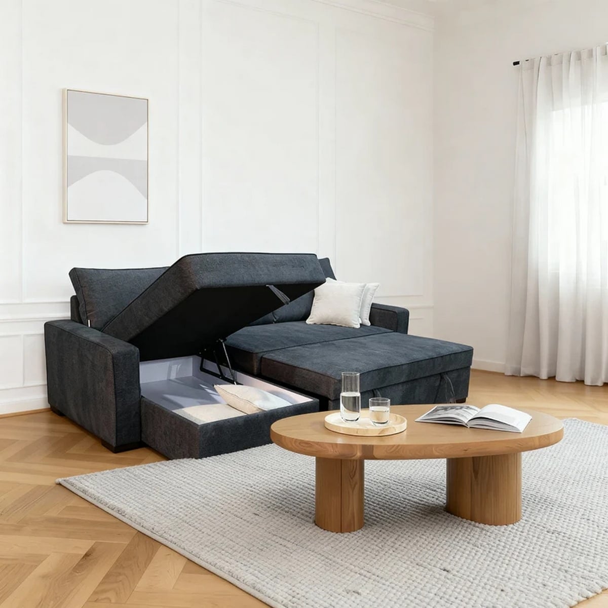 Linen and Beech Wood L Shape Sofa Bed - Grey