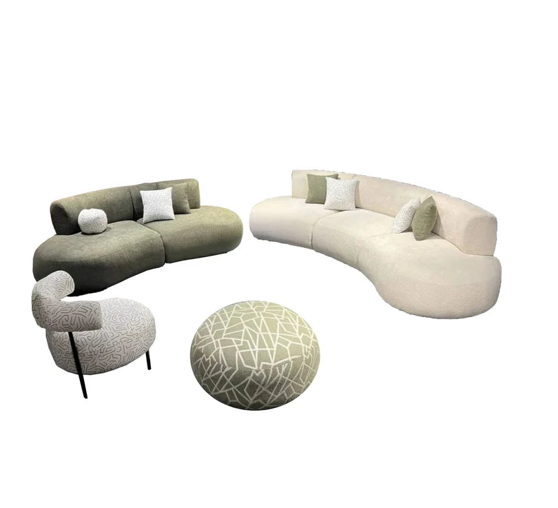 Two-seater sofa and chair set with an elegant pouf
