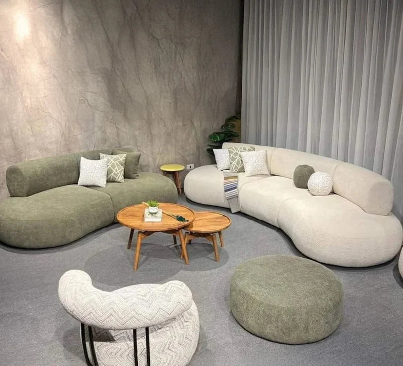Two-seater sofa and chair set with an elegant pouf