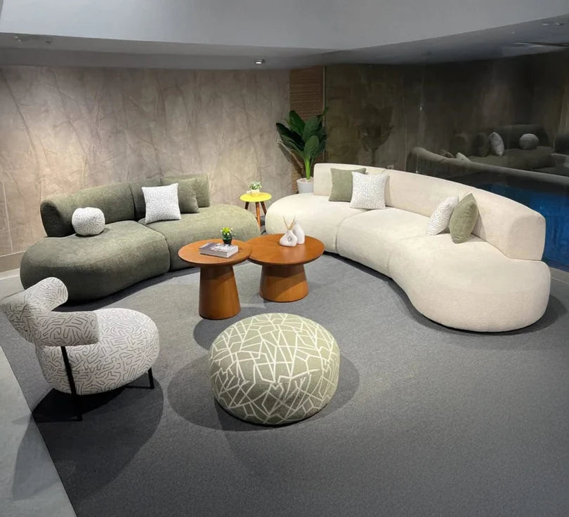 Two-seater sofa and chair set with an elegant pouf