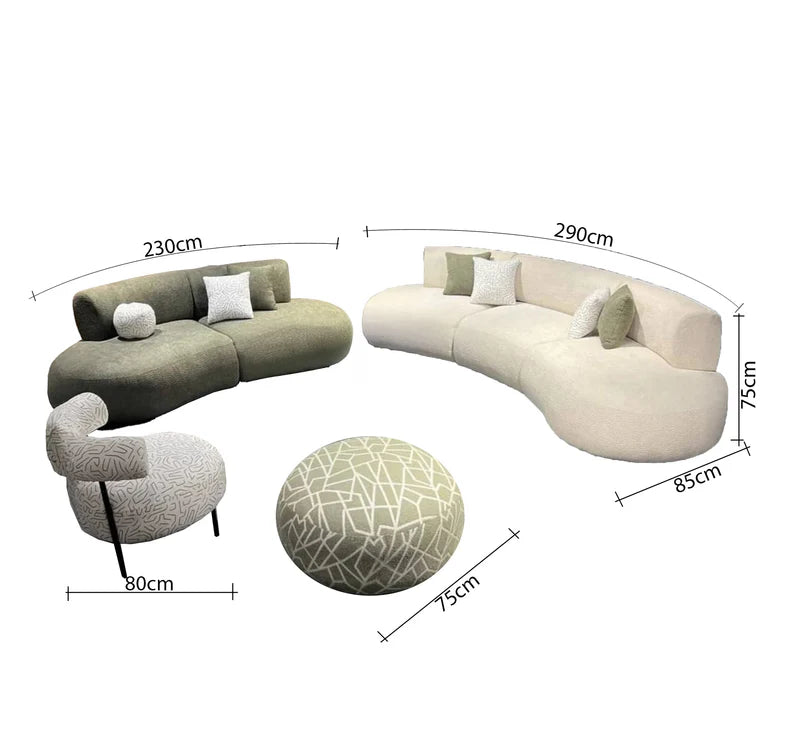 Two-seater sofa and chair set with an elegant pouf