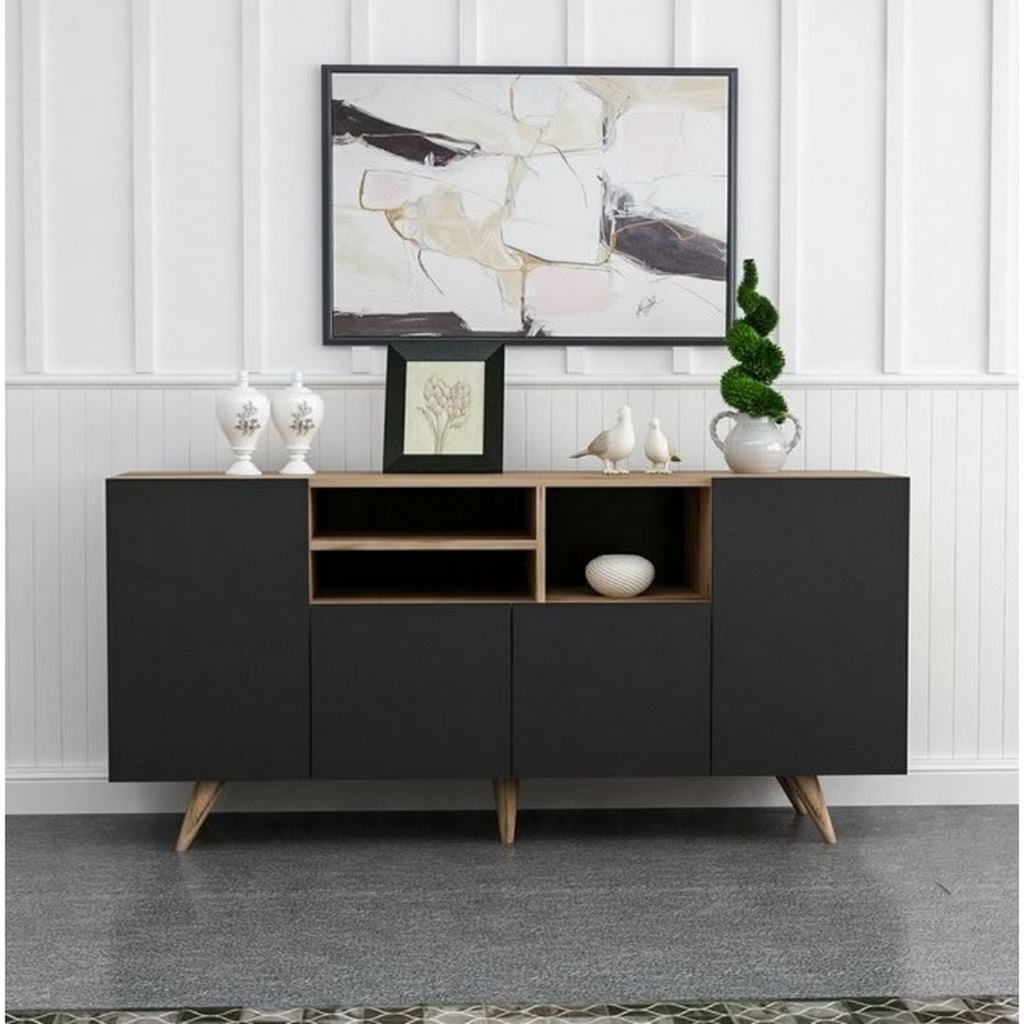 counter wood buffet, beige and black - 75 x 42 x 160 cm