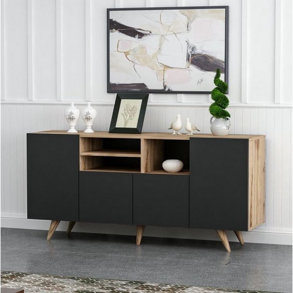 counter wood buffet, beige and black - 75 x 42 x 160 cm